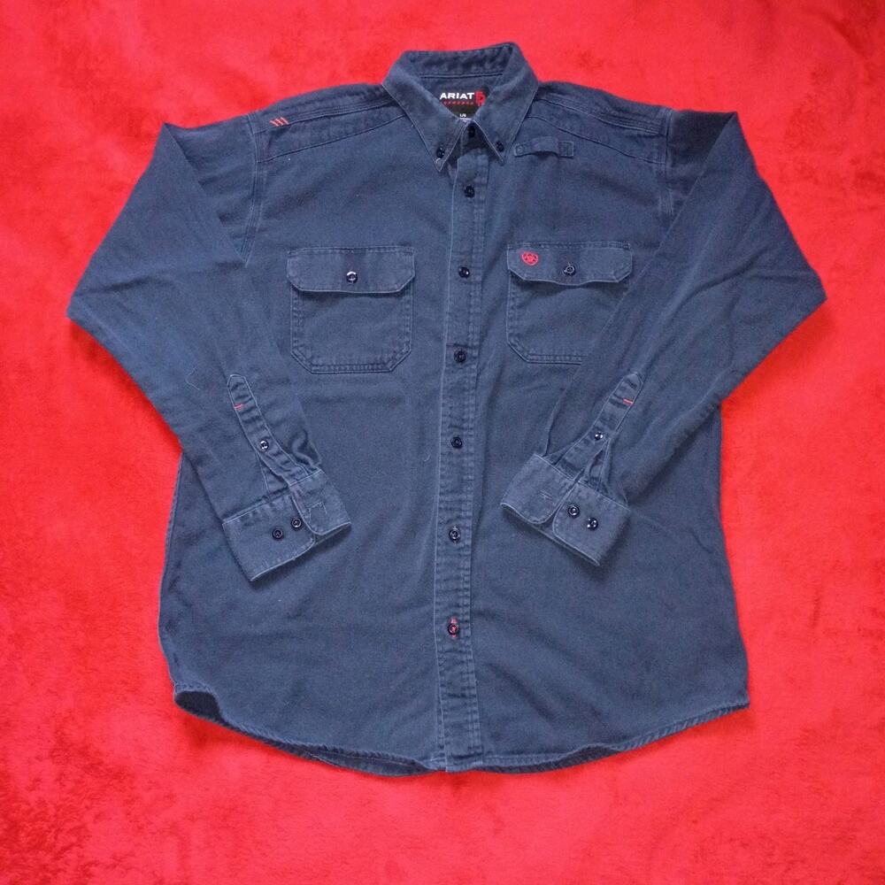 Ariat FR Button-Down Long Sleeve Shirt Mens Sz L Navy Blue Flame Resistant CAT 2